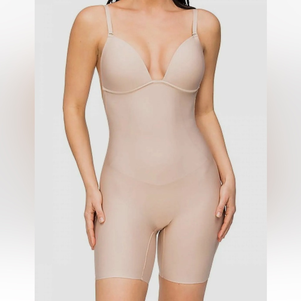 Nancy Ganz 36B/C Body Define Backless Jumpsuit Warm Taupe